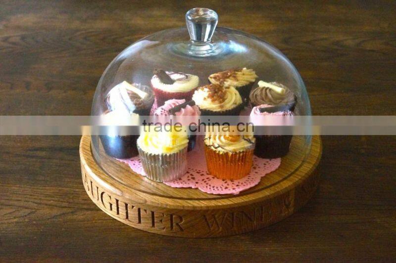 Oak Cake Stand with Laser Logo For Party Home Use Dessert Holder With Glass Cover