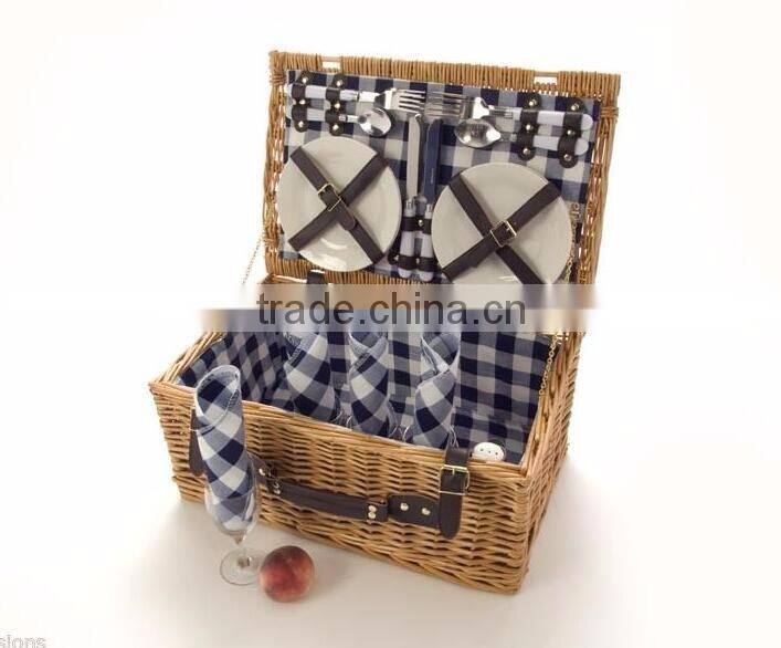 WILLOW PICNIC BASKET 4 PERSON OUTDOOR WICKER HAMPER SET PLATES CUTLERY