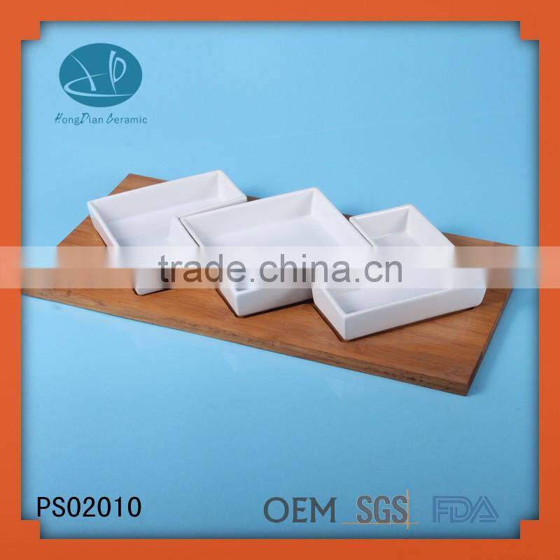 ceramic snack dish set with wood base,4pcs serving set,ceramic plate with wooden tray
