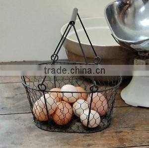 Oval Wire Baskets garlic fruit Storage Rustic Trugs Wood Handle Eggs basket