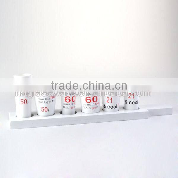 2016 newest machine made mini shot clear glass golden decal with PVC