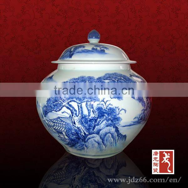 Landscape pattern round blue and white ceramic jar with lid