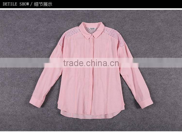 Beautiful Cutwork blouse 2015 trendy pink women chiffon blouse