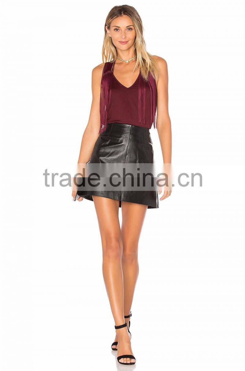2016 customized manufacture fashionable Wholesale women's plain color high-waist A-line leather ladies skirt