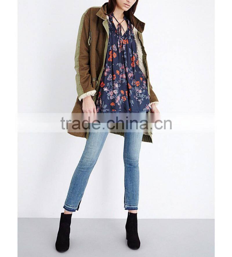 Wholesale Women Band Collar Long Sleeves Slit Cuffs Semi Sheer Floral Print Georgette Blouse(DQE0159T)