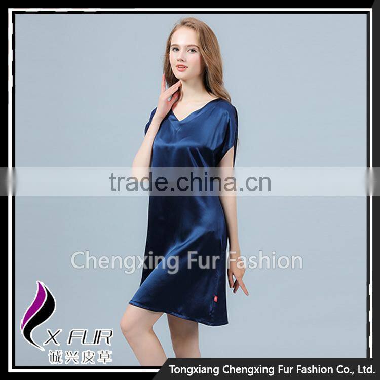 CXVLYQO1 Luxury Women's Pure Silk Skirt Night SNavy Blue Short Sleeve V-neck Pajamas