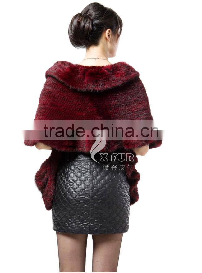 CX-B-M-15A Custom In Stock Large Real Mink Fur Knitted Shawl Poncho Scarf