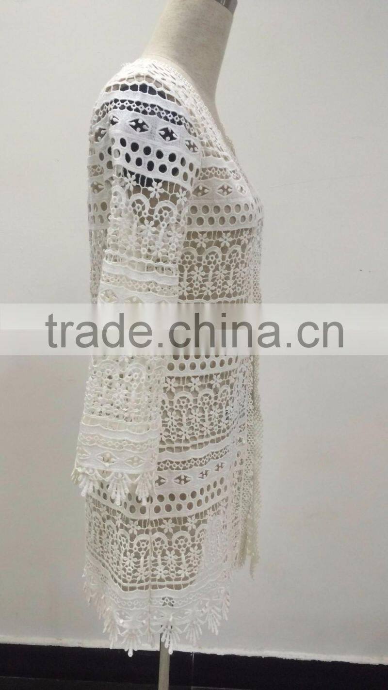 wholesale lady's fashion crochet cotton long sleeve summer beach kaftan top casual style