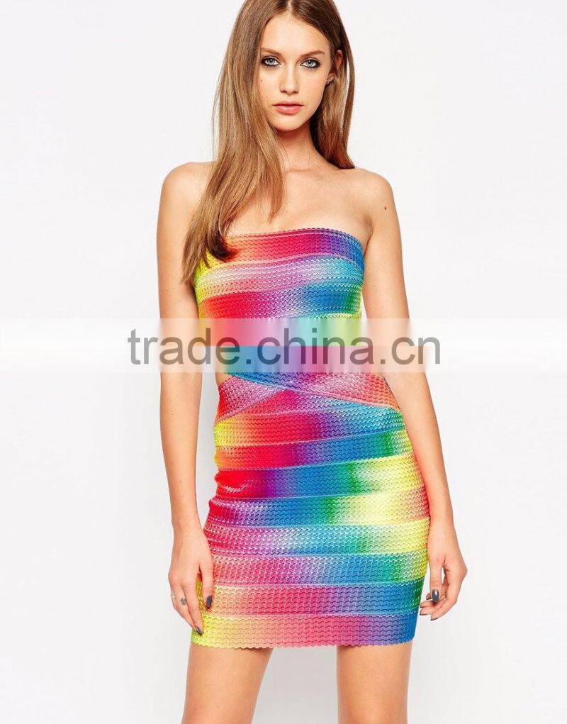 2016 Rayon Elastic Knitted Bandeau Bandage Festival Rainbow Dress Off Shoulder Silm Bodycon Mini Dress