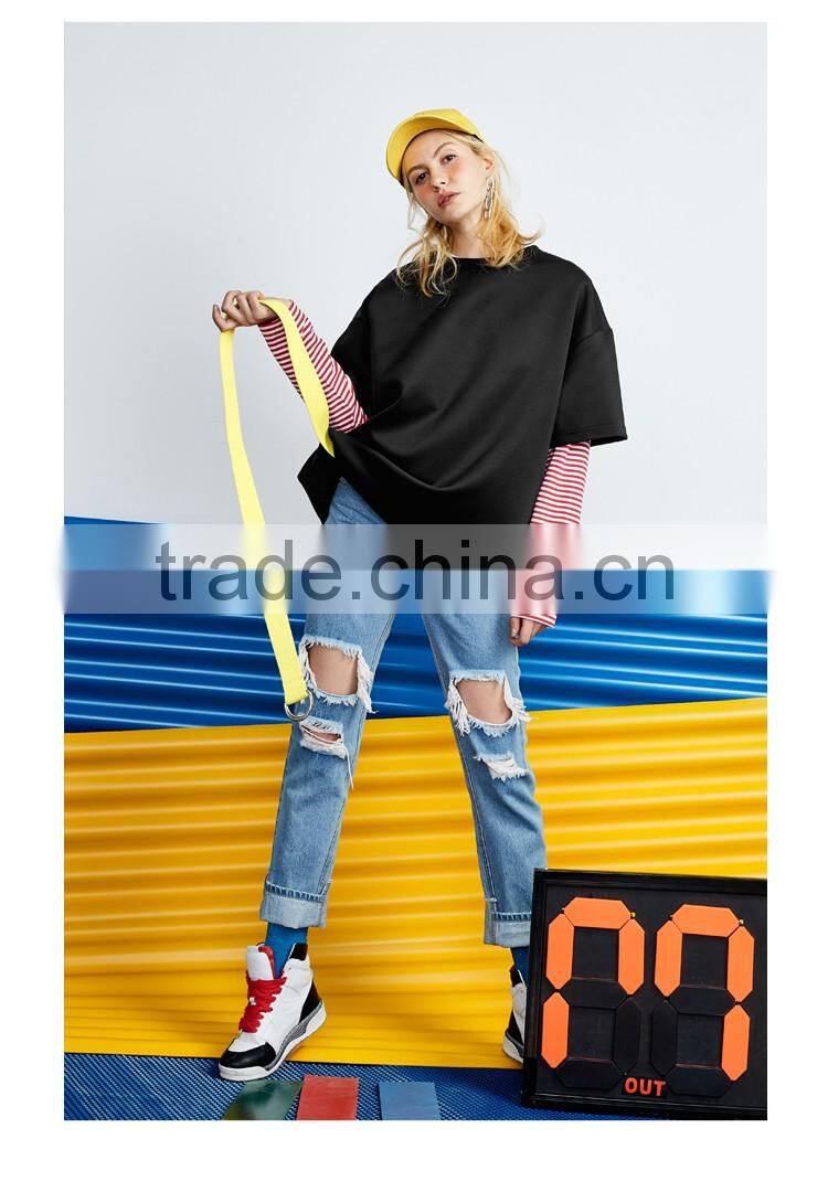 Round Neck Short Sleeve Patchwork Longline Drop Shoulder Custom T Shirt Printing Women Oversized T Shirt Hip Hop Fashion
