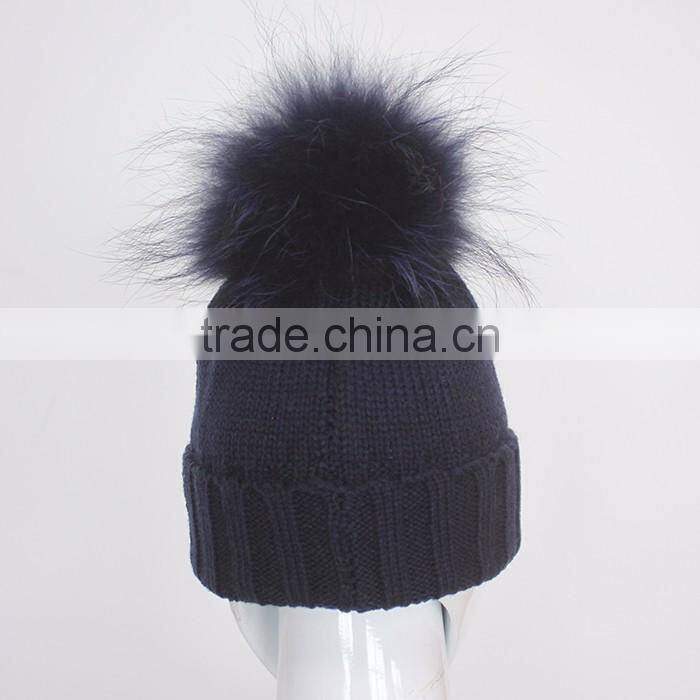 Myfur Navy Knitting Beanie Hat with Stones Real Raccoon Fur Ball Top For Teenager Boys