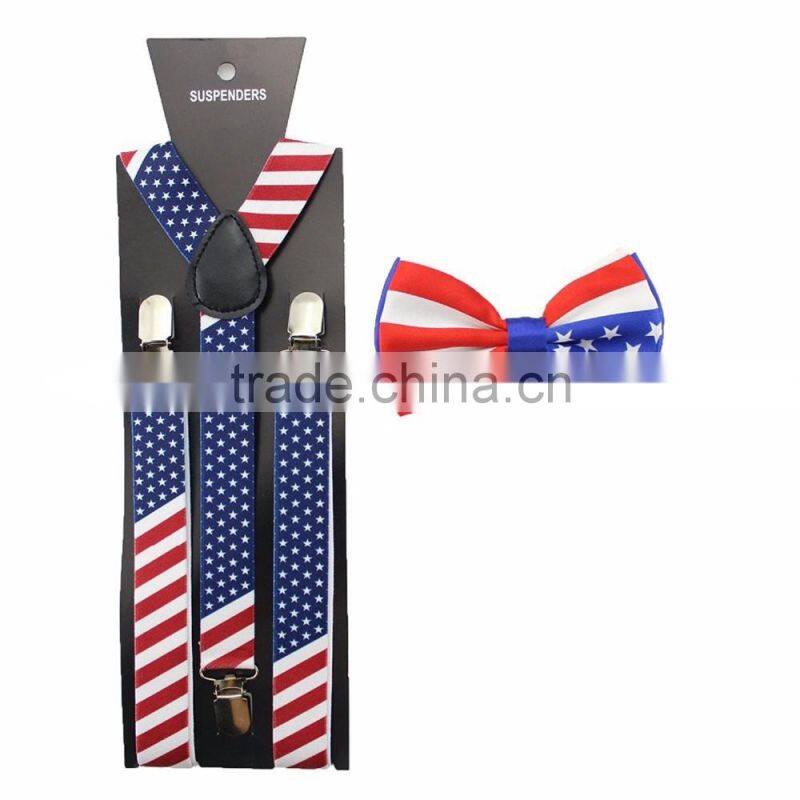 Men Women America USA Flag Braces Bowtie Set Adult Bow Tie & Suspender Set