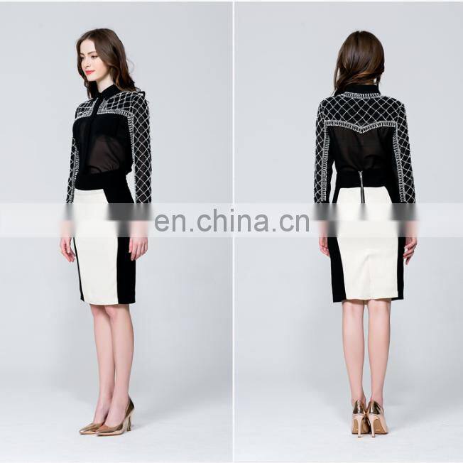 high quality long sleeve black transparent laceoffice dress with white skirt