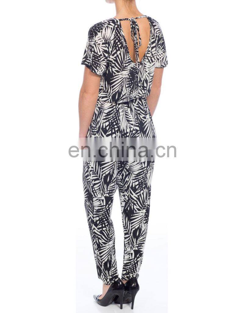 GuangZhou supplier new high fashion Boho Styles Leaf Print viscose Jumpsuit for Elegant Women