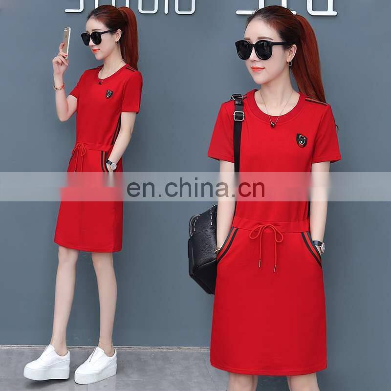 Factory source stock large size women's dress with waist slimming slimming mid-length fashion short-sleeved dress