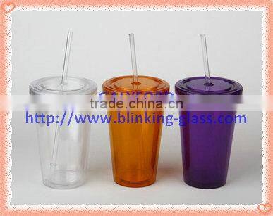 16oz PS double wall reusable plastic cup with lid and straw