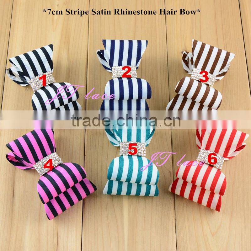 Vertical stripes hair bow - rhinestone hair bow - ribbon hair bow button centre