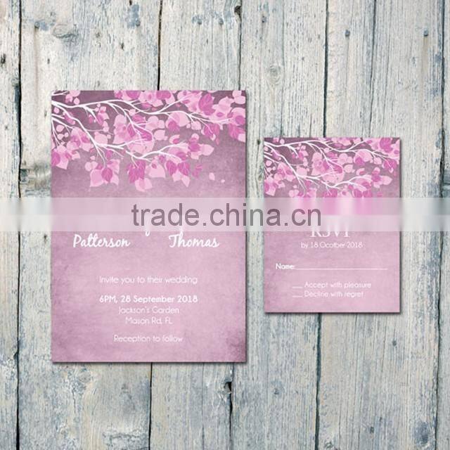 Hot sale charming romantic purple wedding invitations with rose pattern