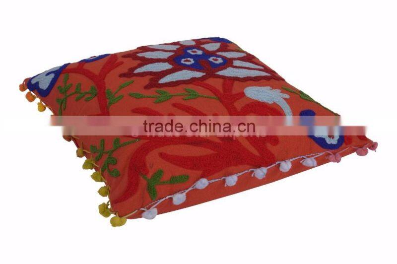 Suzani Embroidered Cushion Cover Boho Throw Indian Pom Pom Pillow Cases 16x16