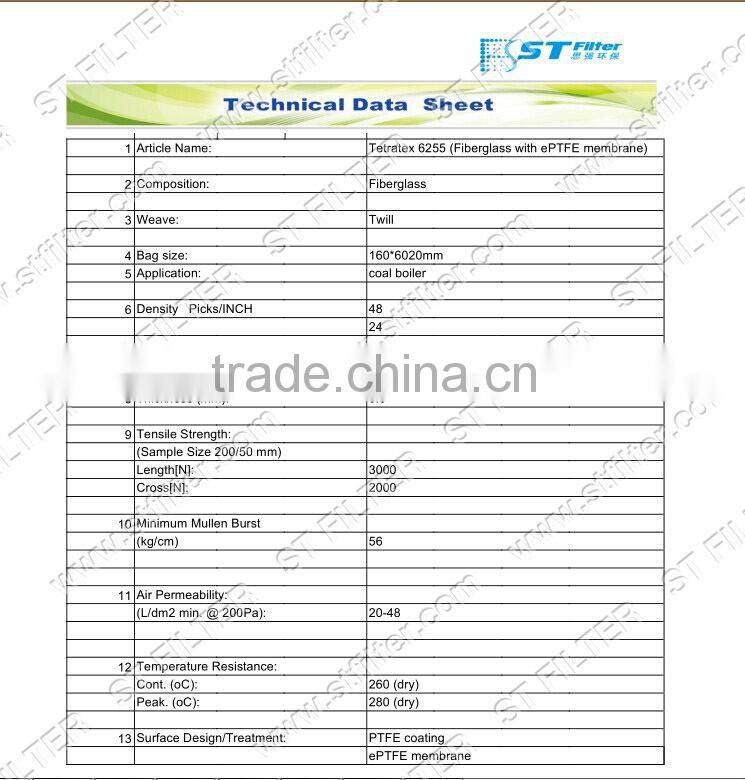 coal boiler filter bag with PTFE membrane,Dia160*5020mm