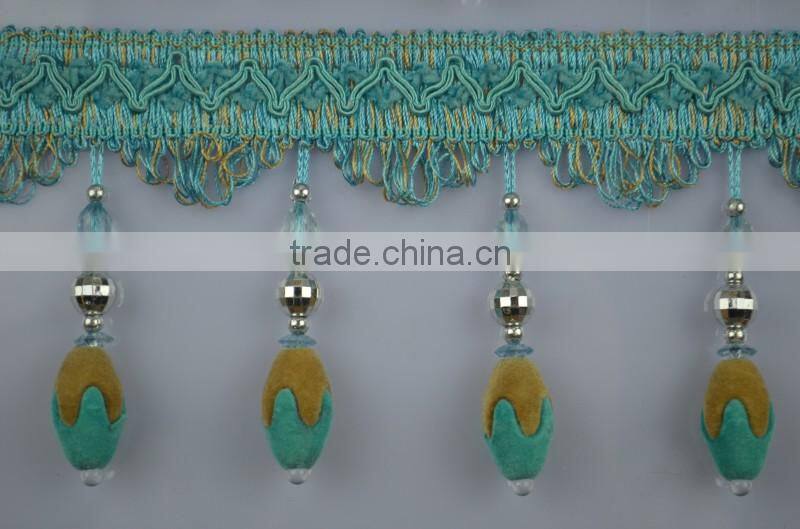 polyester curtain bead lace trim,beaded fringe trimming