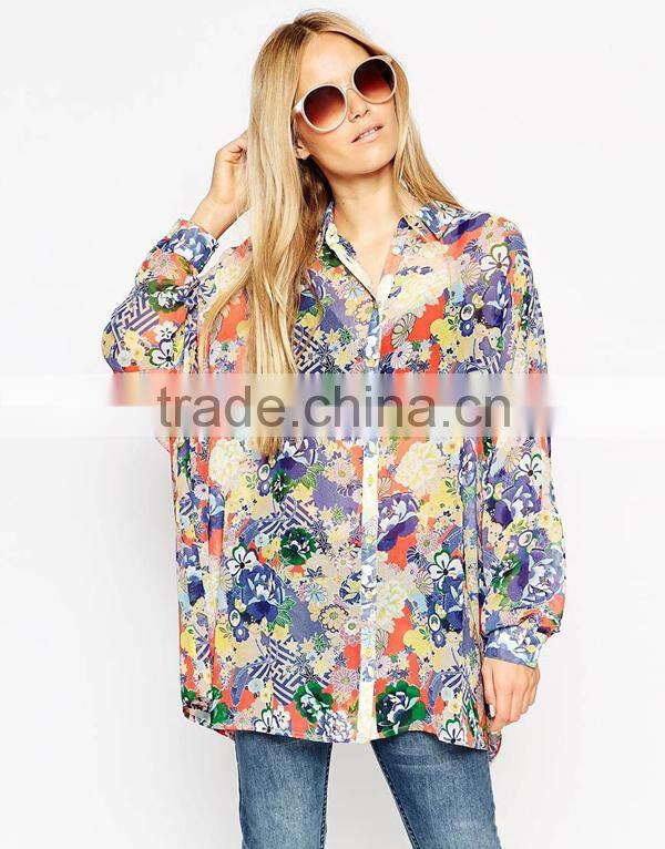 2015 New Latest Printed Blouse Designs Long Sleeve Oversized Kimono Blouse