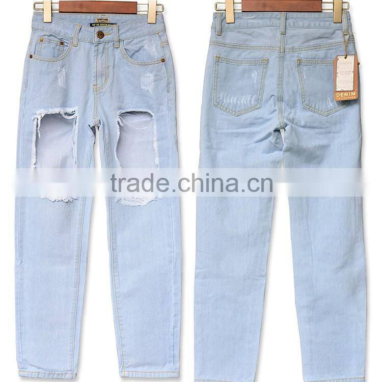 2016 Summer Women Fashion Front Cut Ankle Length Denim Jean Ladies Sexy Big Holes Fringe Straight High Waist Ripped Vogue Jeans