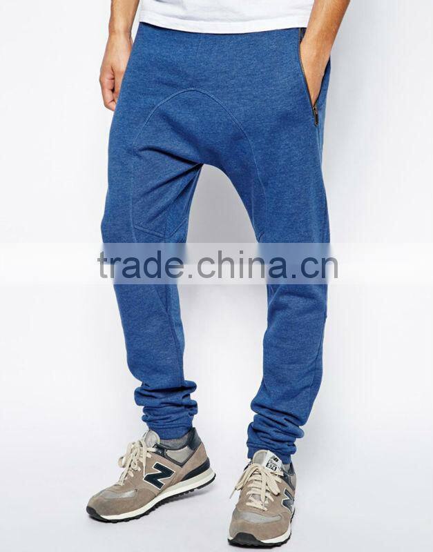 2014 latest design drop crotch blue drawstring man pants with side pockets