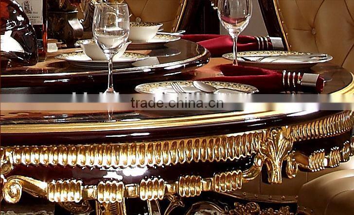 Neoclassical luxury solid wood hand carved dining room furniture gold color lazy susan round dining table