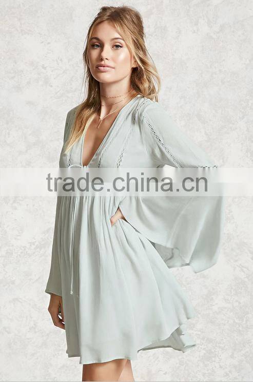Fashion Long Bell Sleeve Chiffon Embroidery Summer Short Dress Women