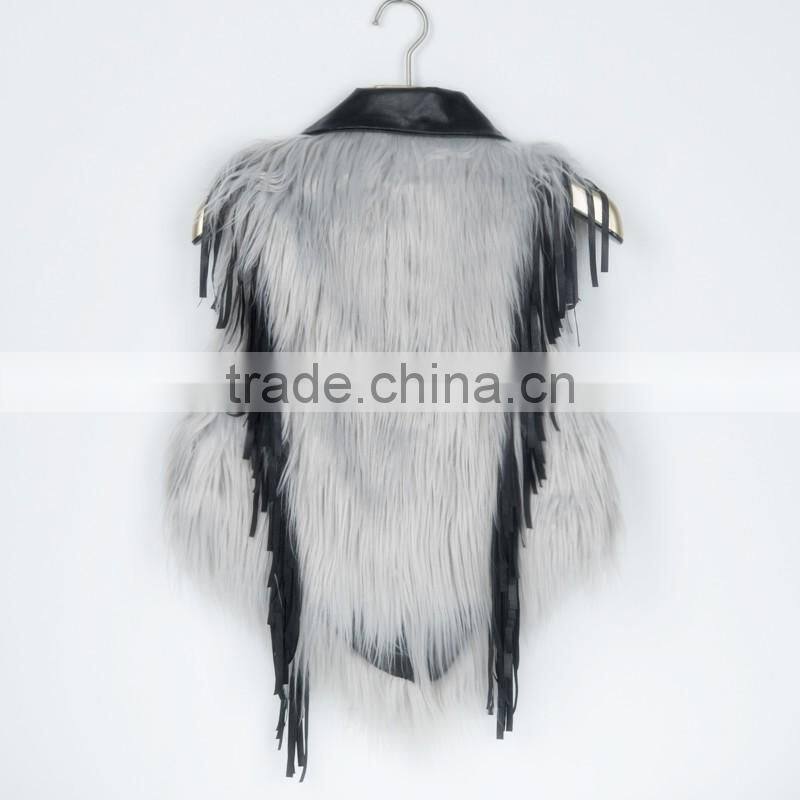 2016 new European style leather splicing faux fur vest woman dress