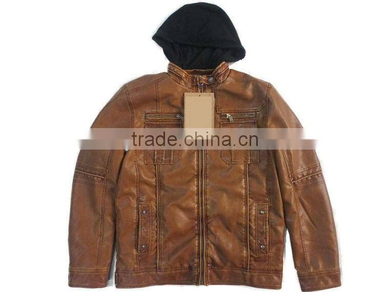 PQM-03 PU jacket with hood for men garment wash