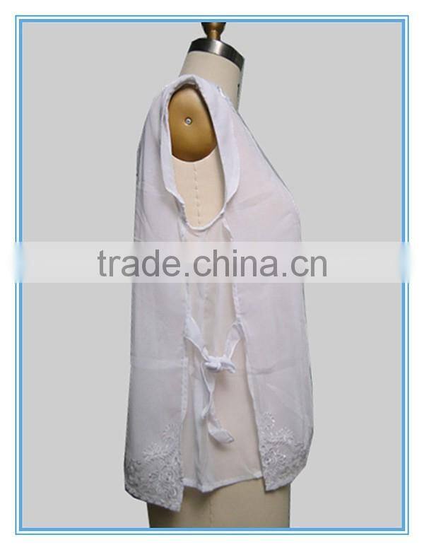 White Chiffon Embroidery Design Casual Blouse For Fat Woman Clothing