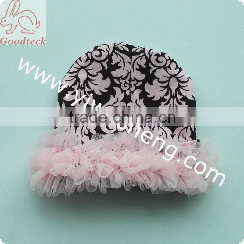 Wholesale hot sale cotton pink ruffle baby hat,baby print cotton baby caps