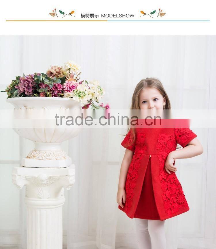 Girls Red Color Party Dress Kids Short Sleeve Woolen Frock With Boutique Lace Designs For Girl