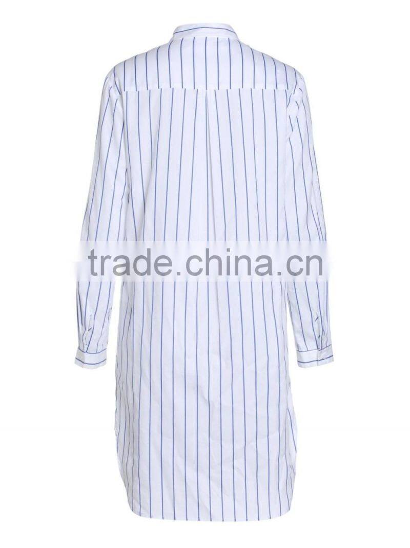 Women's 100% cotton blue and white stripe button-up long blouse/shirt dress in guangzhou