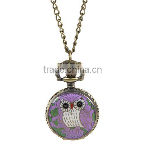 Round Antique Bronze Owl Pattern Halloween Enamel Purple Battery Included Pocket Watches 85cm