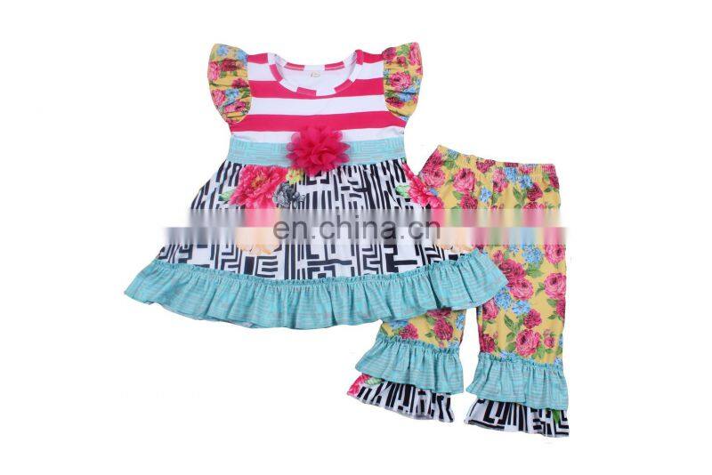 Cheap price plain dress floral ruffle short kids summer clothing sets