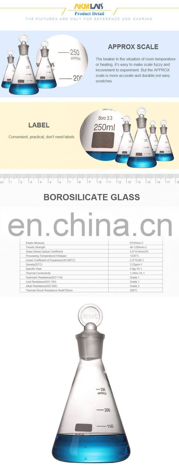 AKMLAB Laboratory Pyrex Glass Erlenmeyer Flask with glass stopper