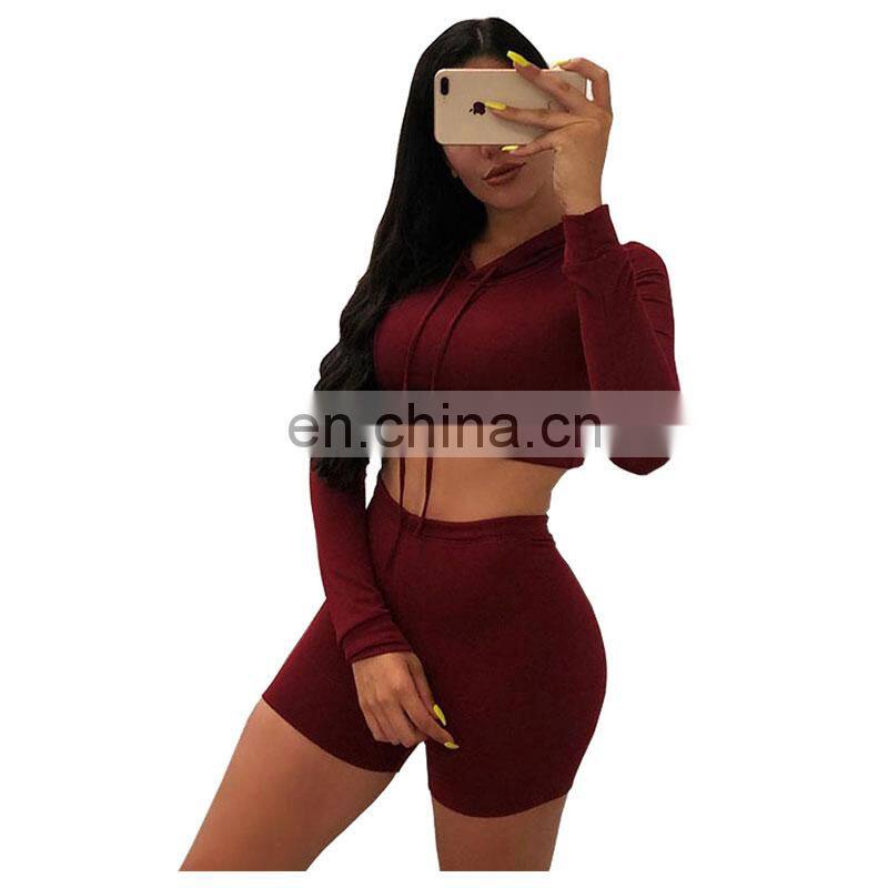 Manufacturer wholesale women's casual sexy hooded shorts sports fitness 2-piece suit custom hoodie crop top