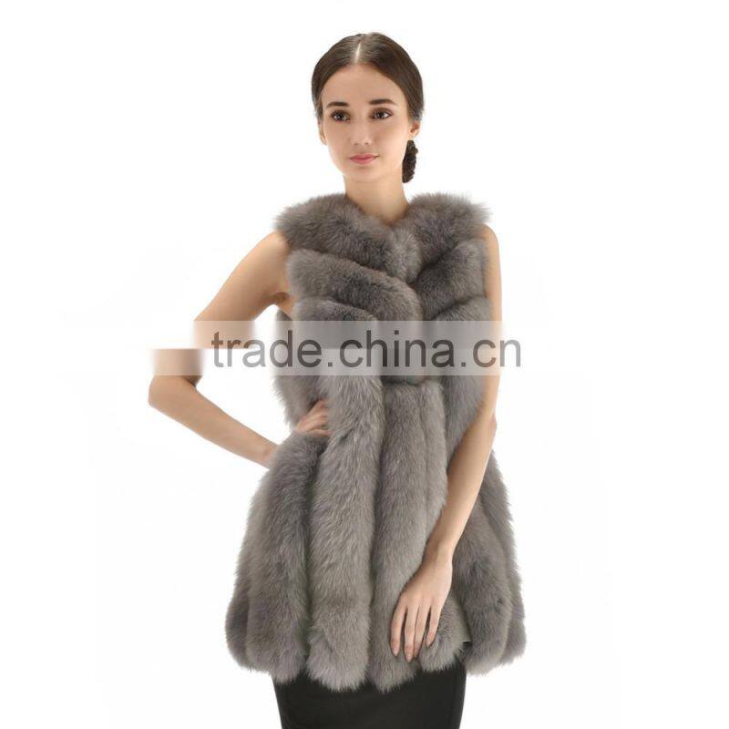 New Arrival Long Style 2015 Luxurious Whole Hide Big Bar Real White Fox Fur Vest With Trimming
