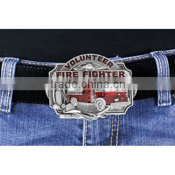 Lead & Nickel Free "Volunteer Firefighter" And Displays A Red Enamel-Filled Firetruck Belt Buckle