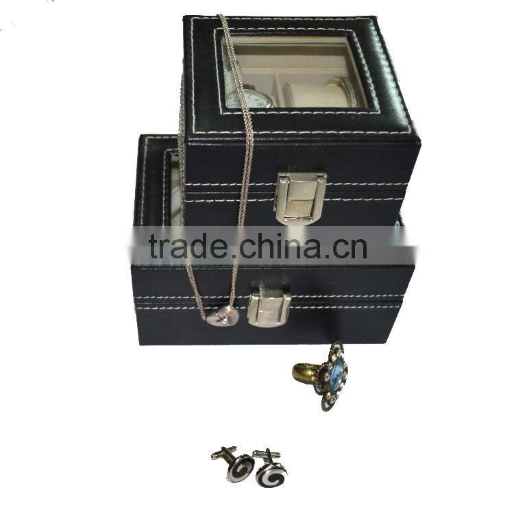 Luxury PU Leather Seeing-through Top Wooden Watch Boxes With 2- 3 Slots