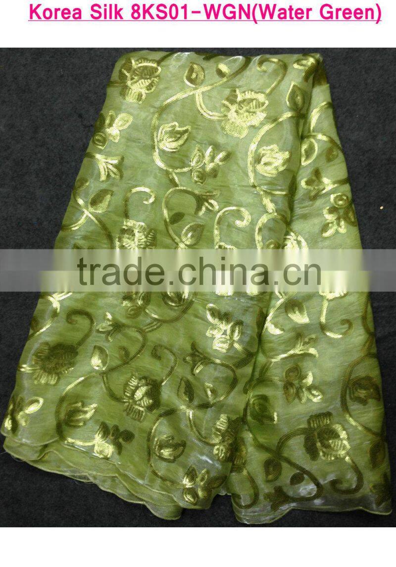 Green smooth touch raw silk fabric for sale cheap Korea silk lace for African parties