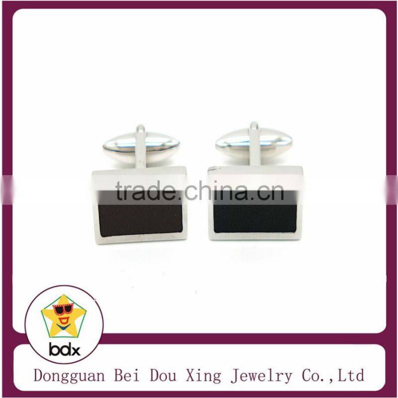 2015 New design Chisel Stainless Steel With Black genuine leather Inset Cuff Links
