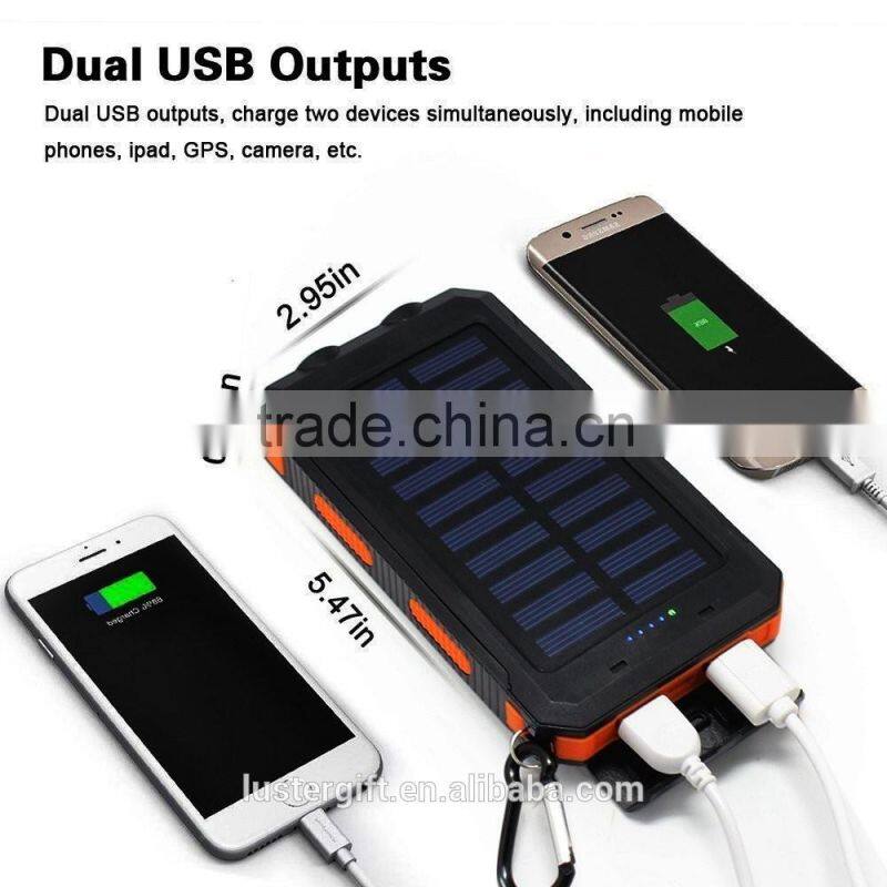 2016 Trending Products 10000mAh Lithium Polymer Battery IP67 Waterproof Solar Power Bank With Flashlight Compass for Outdoor