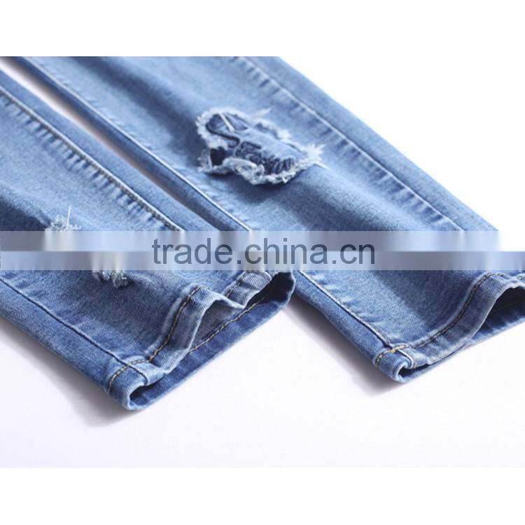 2016 Summer Fashion Women Ankle Length Pencil Pants High Waist Patch Destroyed Skinny Light Blue Jeans Woman