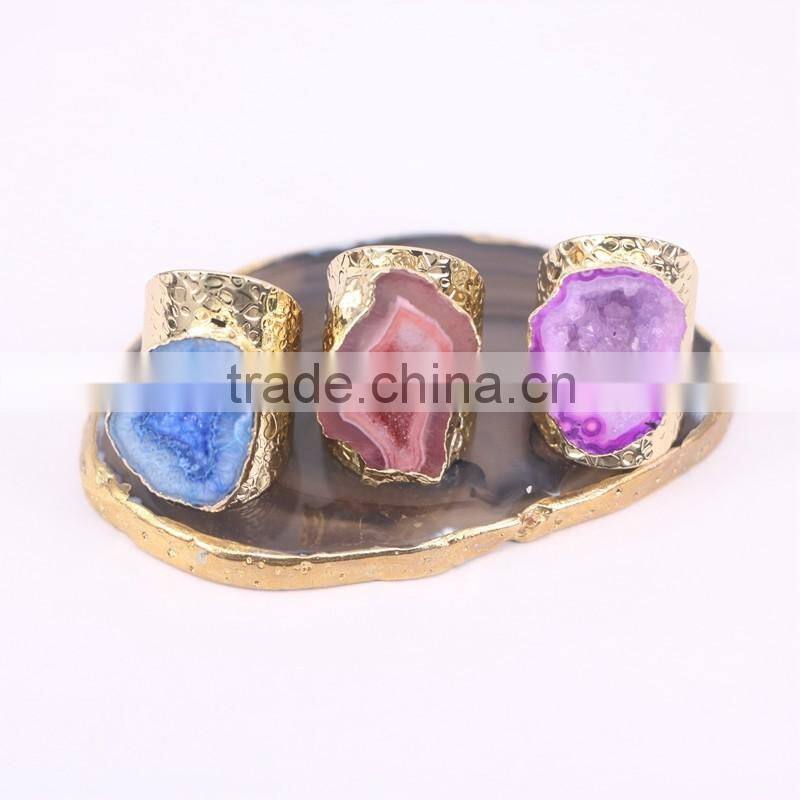 Mixed Colors Agate Geode Ring Golden Electroformed Freeform Drusy Druzy Gem stone Jewelry Rings
