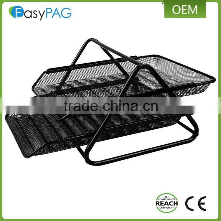 Triangle support 2 tier black metal mesh desk office file magazine rack