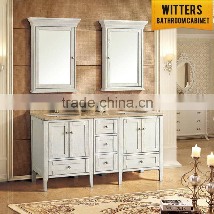 Top double basin classic white painting bathroom cabinet